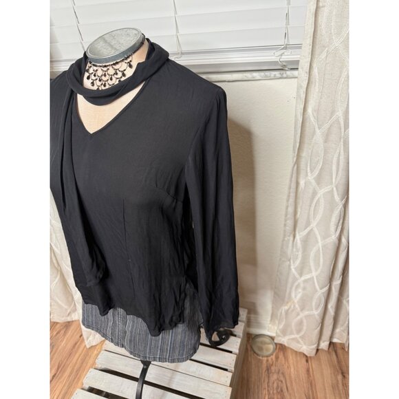 Black babydoll 100% Silk Long-Sleeve V-Neck Top  W Scarf  Womens 6 Whimsigoth Y2 - Picture 8 of 10
